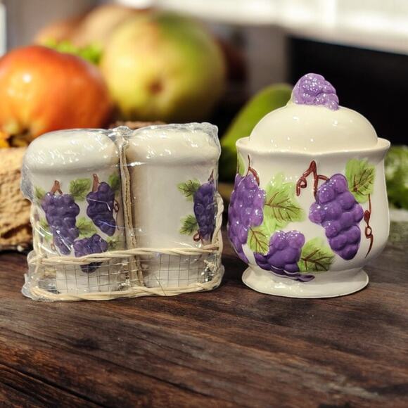 Grapevine Sugar Bowl with Lid, Salt & Pepper Shakers Condiment Set Grape Motif - Picture 2 of 5